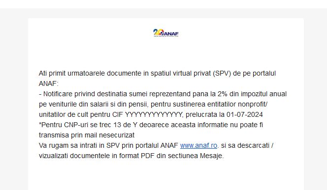 Exemplu de email phishing imitând ANAF