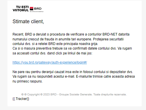 Exemplu de email phishing imitând BRD