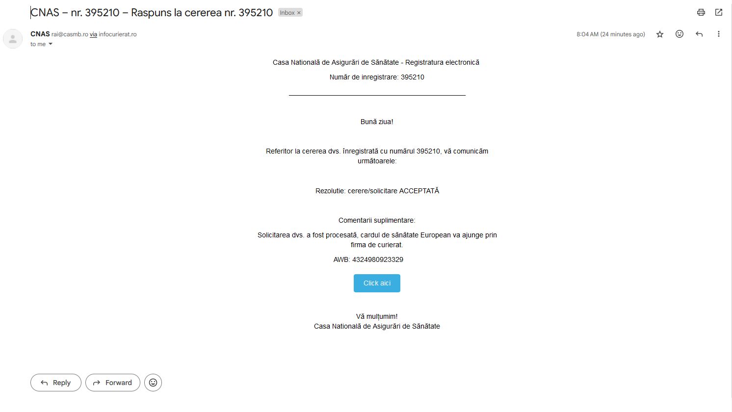 Exemplu de email phishing imitând CNAS
