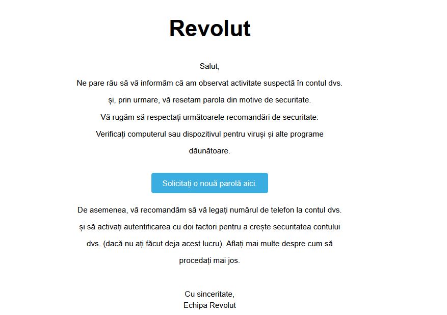 Exemplu de email phishing imitând Revolut